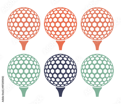 ゴルフボールとティーのカラフルなベクターアイコンセット、スポーツとレジャーのシンプルなイラスト素材、ゴルフ大会やイベントのグラフィックデザインに最適なコレクション