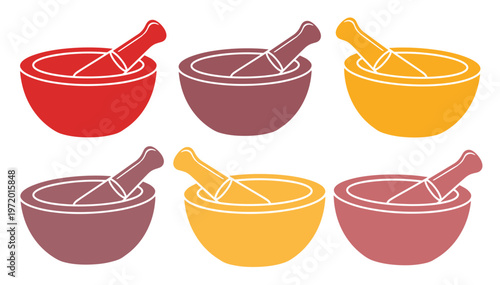 薬研と乳棒のカラフルなセット、伝統的な医療と調理器具のベクターイラスト、ハーブやスパイスをすり潰すためのデザイン素材