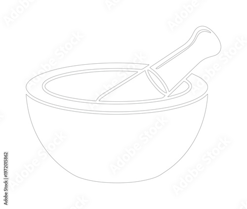 ミニマルな乳鉢と乳棒の連続線画イラスト、薬局やハーブ、料理の準備に使えるシンプルなモノクロベクターアイコン