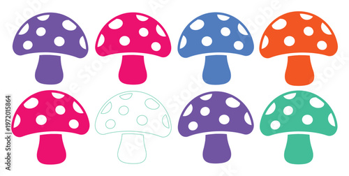 カラフルな水玉模様のキノコ、ポップでファンタジーな毒キノコのイラストセット、子供向けデザインや装飾に最適なベクター素材
