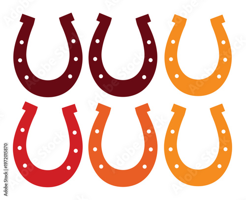 幸運を呼ぶ馬蹄のベクターイラストセット、赤とオレンジのグラデーションカラーが特徴の6つの蹄鉄アイコン、縁起物や成功のシンボルデザイン素材