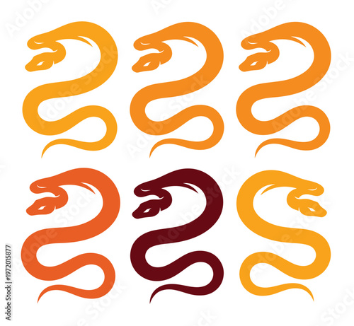 力強く絡み合う双頭の蛇のベクターイラストセット、神秘的で神話的な動物のシンボル、タトゥーデザインやロゴに最適な爬虫類のアイコンコレクション