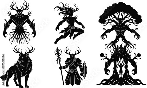 Mystical Forest Guardian Silhouette Set Featuring Antlered Spirit Warriors Ancient Tree Ent Entity and Mythical Horned Wolf Icons for Fantasy Vector Game Design