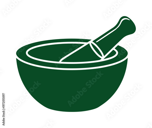 薬局、医療、ハーブ療法に最適な深緑色の乳鉢と乳棒のシンプルなベクターアイコン。伝統的な薬や調理器具のシンボル。