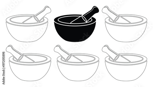 乳鉢と乳棒のモノクロームアイコンセット、薬学、料理、ハーブ調合に使える伝統的な道具のベクターイラスト、6種類のデザイン