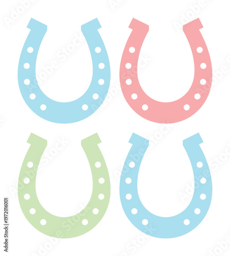 パステルカラーの馬蹄アイコンセット、幸運と成功を象徴する可愛らしい蹄鉄ベクターイラスト、お守りや装飾デザインに最適なグラフィック素材