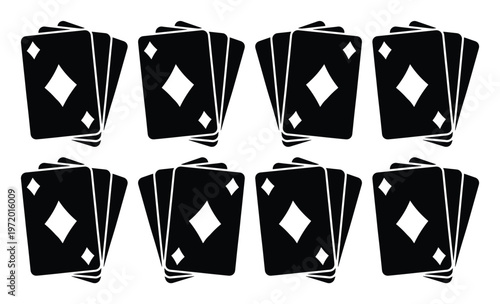 トランプのダイヤのカードが積み重ねられたベクターイラスト、カジノゲームやギャンブルのコンセプトに最適な黒と白のシンプルでモダンなデザイン、ポーカーやブラックジャックの素材。