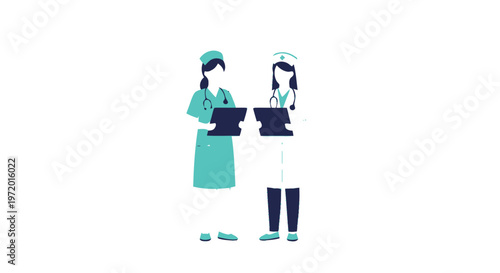 Two Professional Nurses Reviewing Medical Charts and Patient Records.