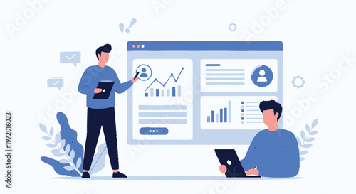 Two professionals analyzing data on a digital dashboard display.