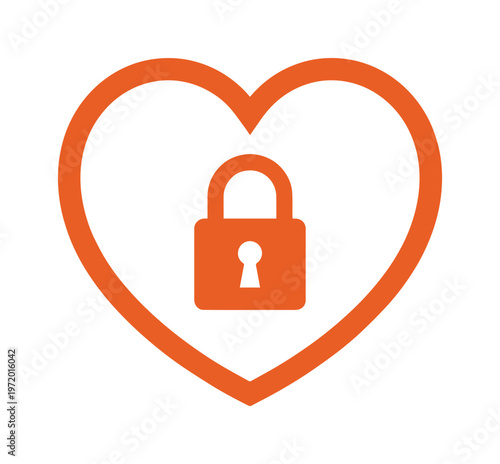 ハートと南京錠のシンプルなオレンジ色ベクターアイコン。愛とセキュリティ、プライバシー保護、データロック、安全な関係性を表現するミニマルなグラフィックデザイン。