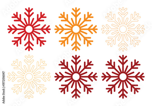 冬の季節感を彩る、赤、オレンジ、ベージュの暖色系雪の結晶ベクターセット。クリスマスやホリデーシーズンのデザインに最適な、6種類の美しいスノーフレークコレクション。