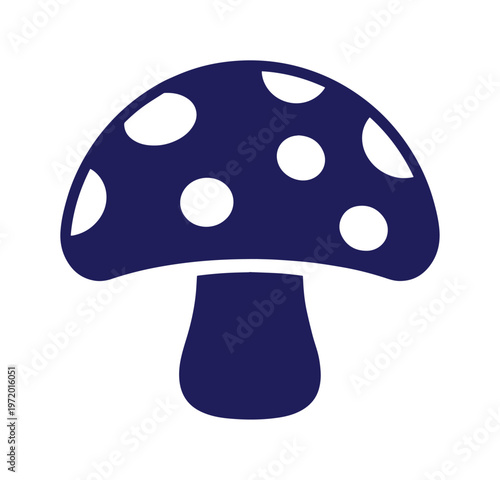 ネイビーと白の水玉模様が特徴的な、かわいらしいキノコのベクターアイコン。自然、ファンタジー、森のテーマに最適なシンプルなイラスト素材。