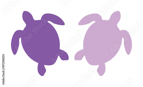 愛らしいウミガメのシルエット、紫と薄紫の2匹のベクターイラスト。水生生物、海洋生物のアイコン、シンプルなデザイン素材。