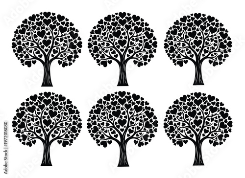 愛の象徴、ハートの葉が茂る6本の木々、ロマンチックなデザイン要素、結婚式やバレンタインデーに最適なベクターイラスト素材