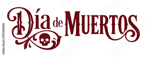 死者の日、メキシコの伝統的な祝祭を祝うビンテージ風の赤い文字デザイン、装飾的な頭蓋骨と蔓のアクセント、文化的なイベントや祭りのためのベクターイラスト