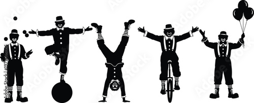 Set of Circus Clown Silhouettes Featuring Juggling Performance Riding Unicycle Balancing on Ball Handstand and Holding Balloons for Carnival Event Party Entertainment and Fun Vector Graphics