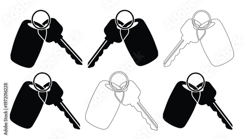 車の鍵とキーホルダーのモノクロベクターアイコンセット、不動産や自動車関連ビジネスに最適なシンプルでモダンな鍵のイラスト素材、6種類の鍵とキーリングのコレクション