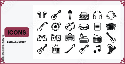 Collection of various music icons and symbols for graphic design  musical instruments and audio equipment in black and white