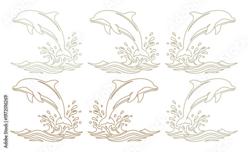 優雅にジャンプするイルカのベクターイラストセット、水しぶきと波を伴う海の生物の線画コレクション、海洋生物の躍動感あふれるデザイン素材