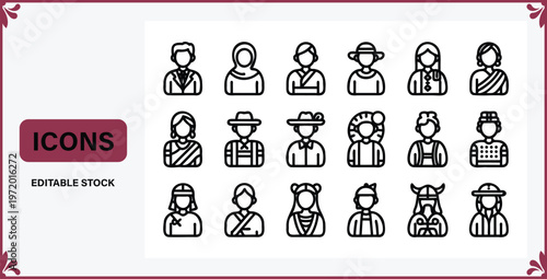 Set of line icons depicting various people in different professions and styles on white background  editable stock