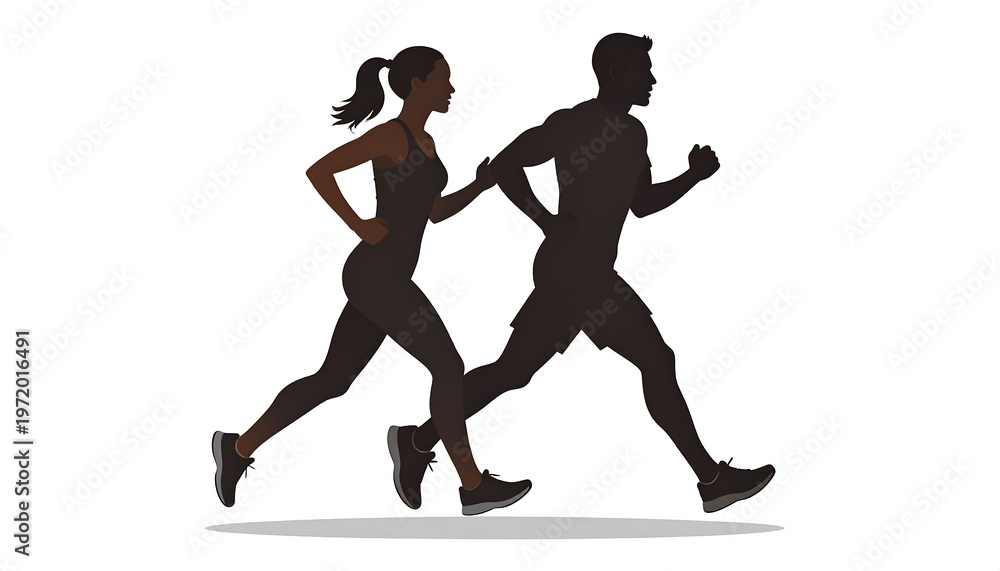 Fototapeta premium Silhouette of a man and woman running together, exercising outdoors for fitness and health.
