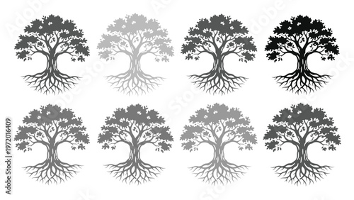 生命の木、根と葉が力強く広がるシンボルツリーのモノクロベクターイラストセット、成長と生命力を表現したデザイン素材