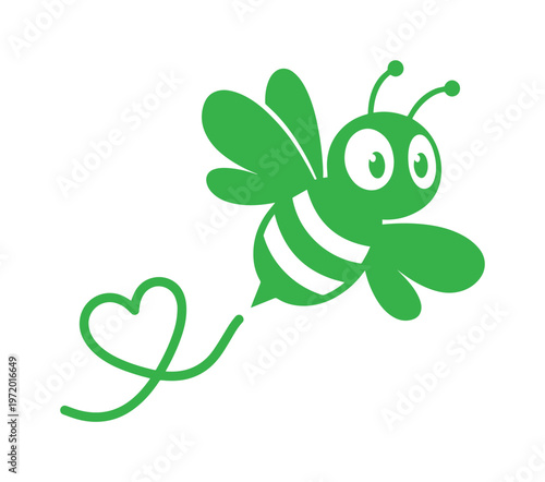 愛らしい緑色のミツバチのベクターイラスト、ハートの軌跡を描くキュートな蜂のキャラクターデザイン、環境保護や自然をテーマにしたロゴ、アイコン、ウェブデザインに最適なグラフィック素材