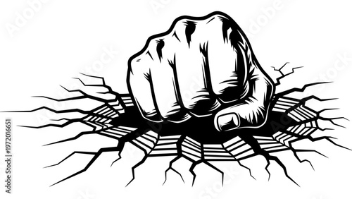 Foto Fist breaking through cracked surface, symbol of power, strength, and destructio