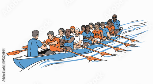 Illustration of a diverse team rowing a boat in unison, showcasing cooperation and teamwork with a dynamic water backdrop.