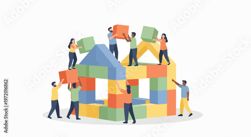 A diverse group of people working together in cooperation, building a colorful structure with large blocks on a clean white background, conveying teamwork and collaboration.
