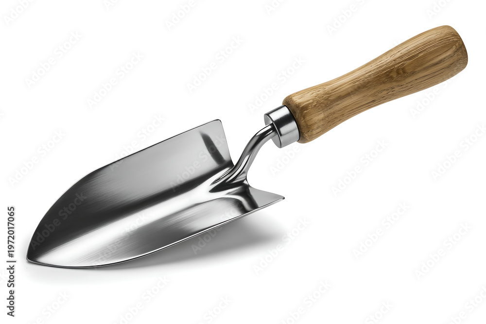 Obraz premium Stainless Steel Garden Trowel with Ergonomic Wooden Handle Isolated on White