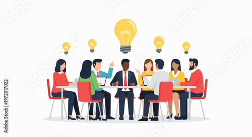 A diverse group of people sitting around a table in a meeting with lightbulbs above, conveying a sense of cooperation and brainstorming in a minimalist setting.