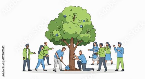 Diverse group of people engaging in cooperation and teamwork around a tree, with various actions and a clean white background, conveying a sense of unity and collaboration.