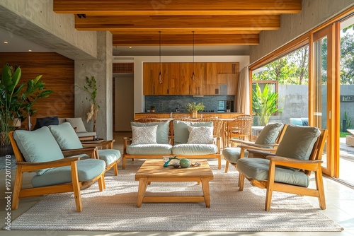 Wooden and light green living room interior featuring armchairs, designed for a relaxing and fresh ambiance with natural colors, Generative AI