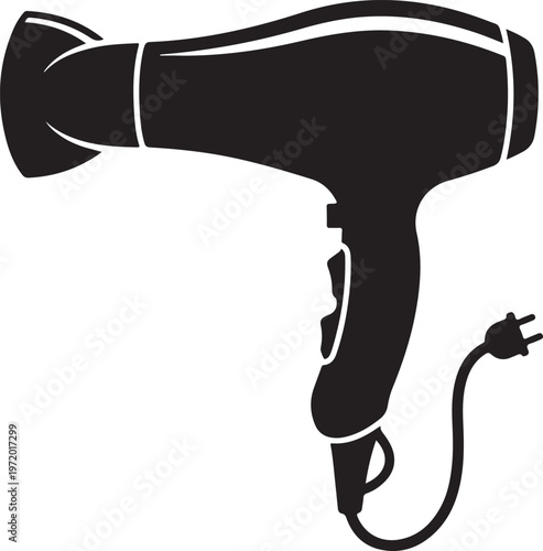 Black silhouette of a professional hairdryer with a cord and plug, isolated on white.