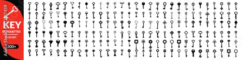 Key silhouettes, Antique key silhouettes. Medieval and modern keys, black vintage shapes set. Open door symbols, privacy and escape. Abstract tidy vector elements
