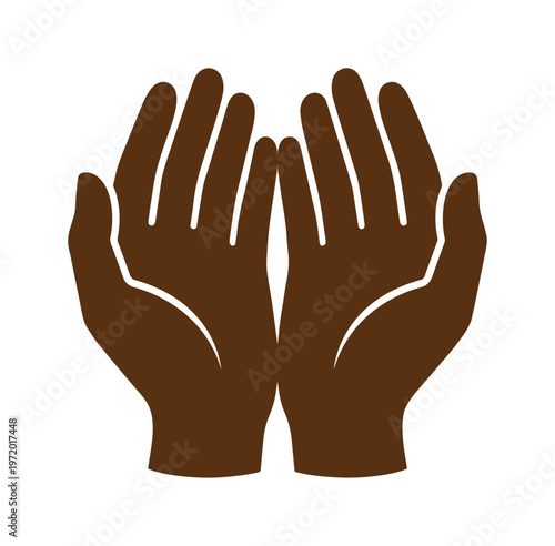 祈りや施しを表現する、手のひらを上に向けて開いた両手のシンプルな茶色いベクターアイコン。寄付、支援、感謝、願い、希望、宗教的な概念を象徴するグラフィック素材。