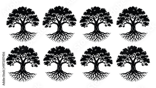 生命の木、繁栄と成長を象徴する力強いシルエット。根と葉が広がる神秘的な樹木のベクターイラストセット。自然、環境、スピリチュアルなデザインに最適。