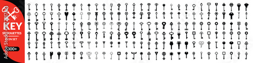 Key silhouettes, Antique key silhouettes. Medieval and modern keys, black vintage shapes set. Open door symbols, privacy and escape. Abstract tidy vector elements