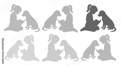 子供と犬が寄り添うシルエットイラストセット、読書する少女と犬の心温まる瞬間、ペットとの絆を表現するベクター素材、教育や動物愛護のコンセプトに。