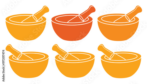 薬研と乳棒のシンプルなベクターアイコンセット、伝統的な薬やハーブ、スパイスを扱うための道具、医療や料理のグラフィック素材に最適