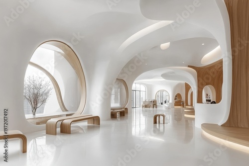 White and wooden open space office interior, designed for a clean, minimalist work environment, Generative AI