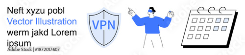 Online privacy, cybersecurity, remote work, secure access, business organization, protection. A VPN shield, a person with a headset pointing and a calendar icon. Cybersecurity and online privacy