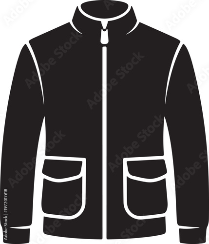 Black icon of a jacket with pockets and a zipper, representing outerwear and casual fashion.