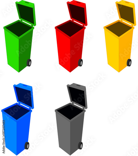 Set of colorful wheelie bins for waste management and recycling. 3D isometric illustration of green, red, yellow, blue, and grey trash cans.