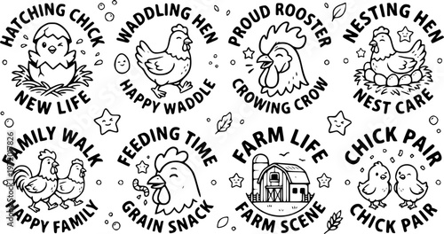 Flat design rustic chicken family set with hen rooster chick chicks egg nest farm scene side view walking silhouette icon
