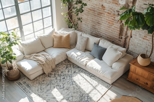 Top view of a stylish living room interior with a couch and commode, featuring a window to enhance the space's natural light, Generative AI