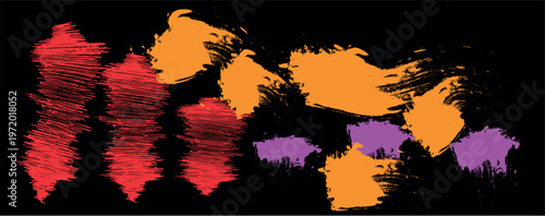 Vibrant abstract composition with jagged brush work in rate orange and purple house over dark backdrop. 