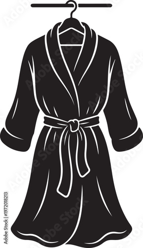 Black silhouette of a plush bathrobe hanging on a hanger, ready for use.