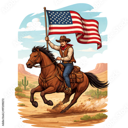 Cowboy ride horse bring american flag illustration
